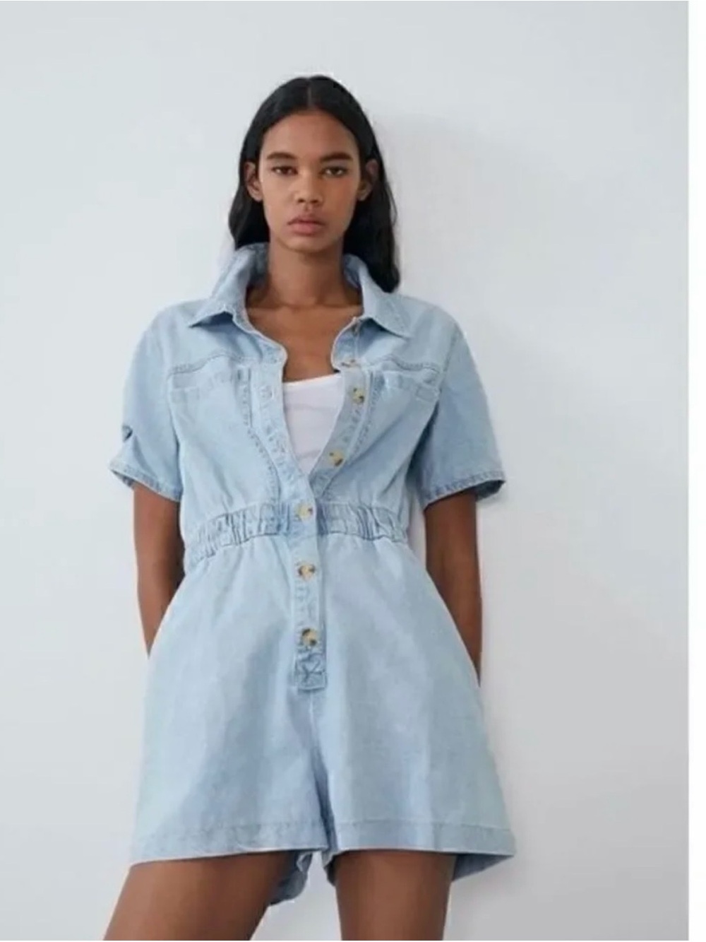 Zara Light Blue Denim Short-Sleeve One-Piece Romper